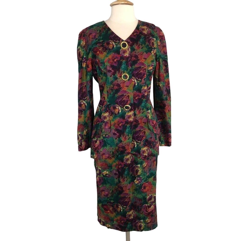 Maggy London Stunning Career Midi Skirt Suit Set V Neck Size 14 Vintage